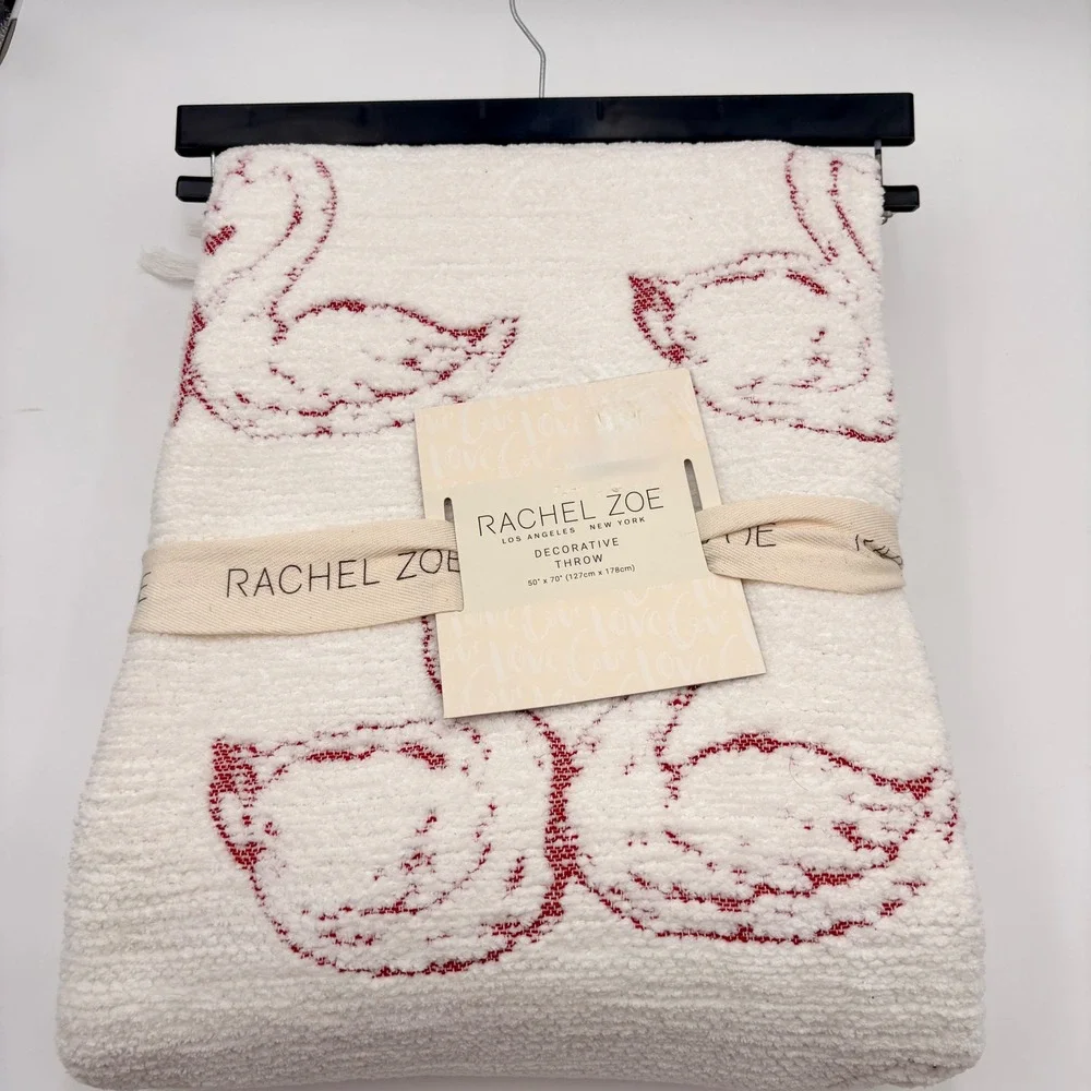 Rachel Zoe Red Swan Heart Plush Decorative Throw Blanket Cream Fringe 50x70 NEW